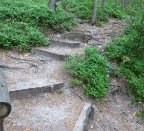 Ve svahu se jde po lesní pěšině s uměle vytvořenými dřevěnými schody - nevhodné pro kočárek