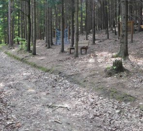 Lesní cesta na Meixnerově stezce s venkovní posilovnou