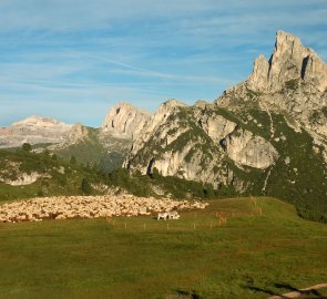 Morning view of Mount Sass de Stria, which rises above the Falzarego village