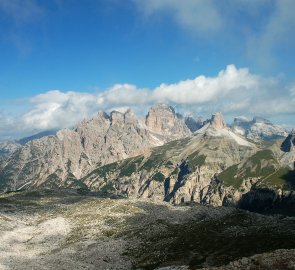 View of the surrounding rock peaks of the Dolomites