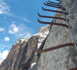 Close-up of the crampons on the Scala del Menighel ferrata with difficulty B