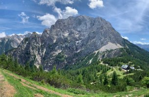 A trip to Mount Vršič from a mountain saddle in the Julian Alps